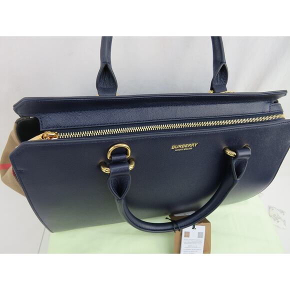 NWT BURBERRY BANWELL DARK BLUE LEATHER CHECK CANVAS SM SHOULDER TOTE BAG $ 1950 - Picture 9 of 13